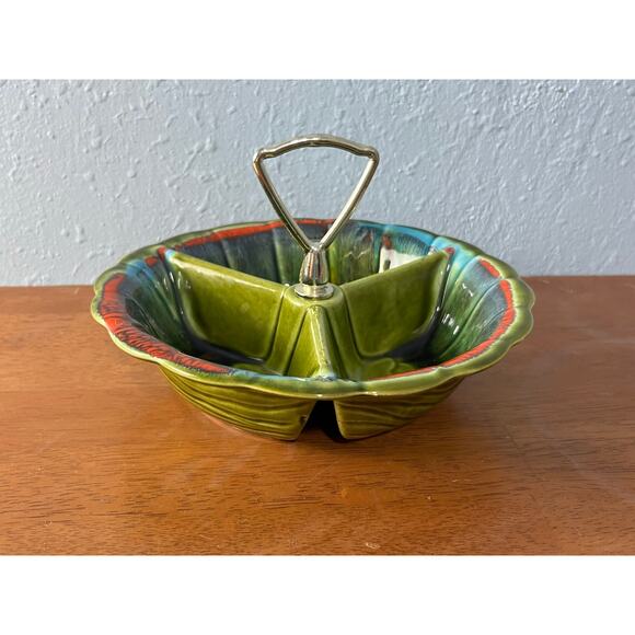 California Pottery Other - VTG California Originals Divided Relish Dish Retro Green Drip Glaze MCM USA